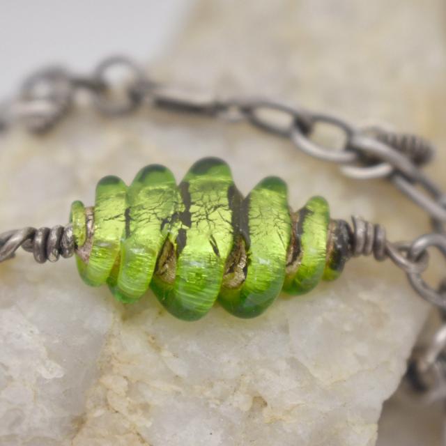 Green artisan lampwork sterling silver bracelet.jpg